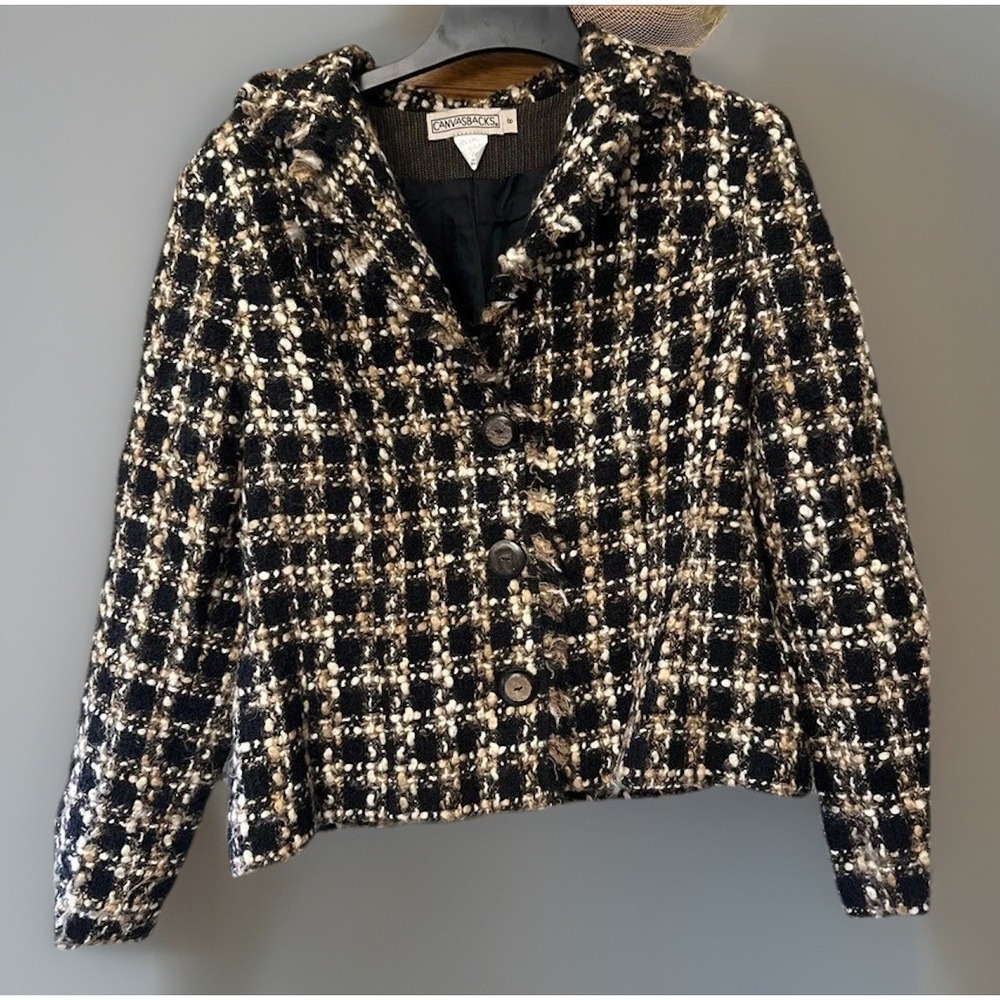 Canvasbacks Tweed Jacket Blazer Black Beige Vintage Checkered‎ Button Up Sz 4